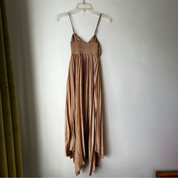 COPY - Petal & Pup Vikki Gold Satin Pleated Asymmetrical Hem Midi Dress 0 - Picture 11 of 11